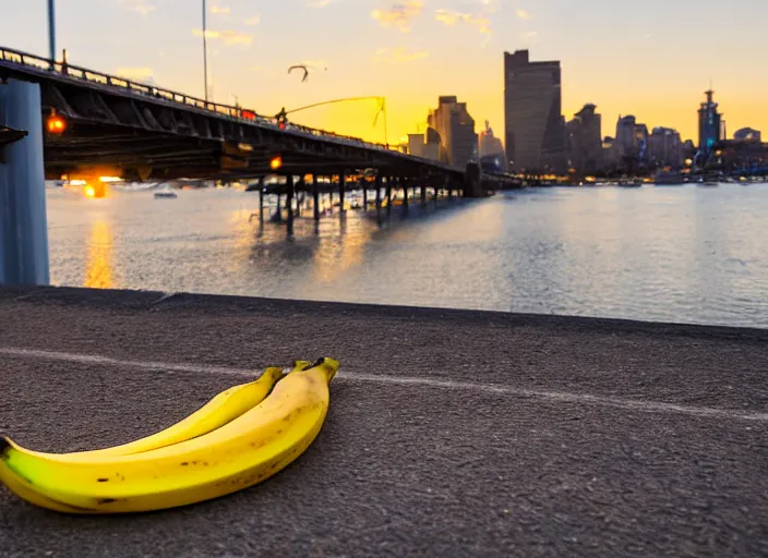 Prompt: A banana peel lying on the sidney harbour bridge, sunset