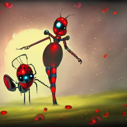 Prompt: ladybug as a robot, fantasy art style, scary atmosphere, nightmare - like dream