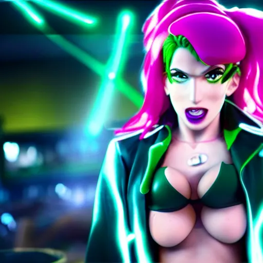 Image similar to cinematic scene with bella thorne as jolyne kujoh from jojo's bizzare adventure, dramatic, small details, volumetric lighting, still frame