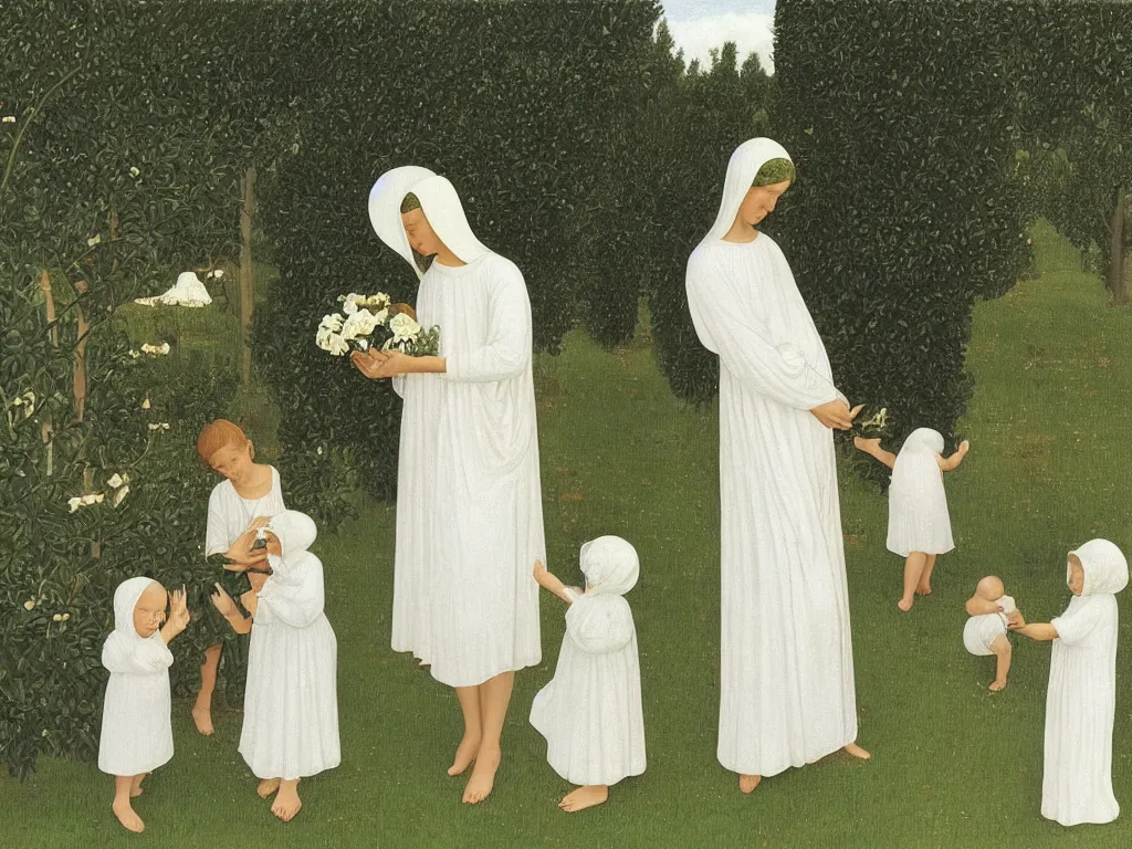 Prompt: Woman dressed in white with six babies. Iris flower in a vase, garden outside with Cypresses. Painting by Alex Colville, Fra Angelico.