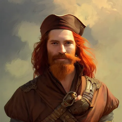 Image similar to portrait of a young pirate captain, male, rugged, masculine, handsome, upper body, red hair, long hair, cheerful, D&D, fantasy, intricate, elegant, highly detailed, digital painting, artstation, concept art, sensual, matte, sharp focus, illustration, art by Artgerm and Greg Rutkowski and Alphonse Mucha