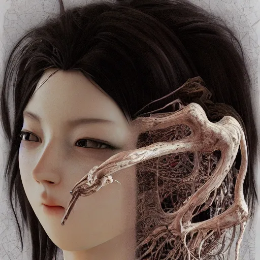 Image similar to prompt : hyperrealist photorealistic 3 d render of persona soft light portrait by takato yamamoto, mecha accessories parts and broken cables, gnarly details, otaku gangasta, inspired by fables, realistic face, smooth face feature, intricate oil painting, high detail, sharp high detail, manga and anime 2 0 0 0