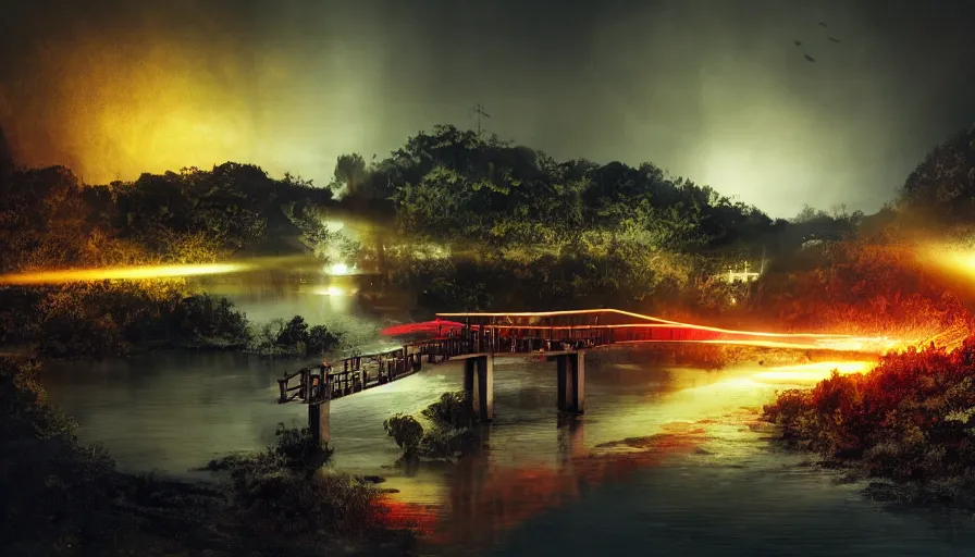 Prompt: a bridge over a river in vietnam, by completely dark black night, yellow and red smoke, forest, white projectors, lens flare, black night, lighting and composition, dark, chiaroscuro, highly detailed concept art matte painting, radiant light, intricate, war, destruction, sharp focus