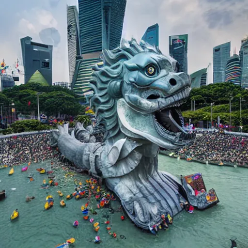 Image similar to large group of people and robots attacking merlion sculpture in Singapore, photorealistic, ultra-detailed, high resolution, HDR shot, cinematic lighting