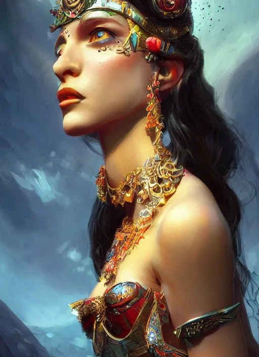 Prompt: goddess guiot, antique, vivid colors, fantasy, elegant, concept art, sharp focus, beautiful face!!, digital art, hyper - realistic, 4 k, unreal engine, highly detailed, hd, dramatic lighting by brom, trending on artstation