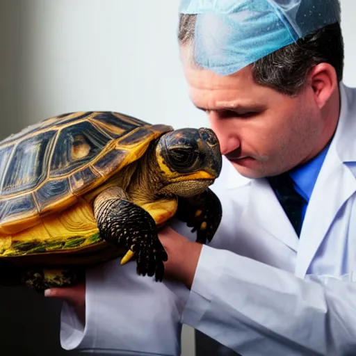 Prompt: doctor examining a tortoise under operating room lights, closeup wide angle