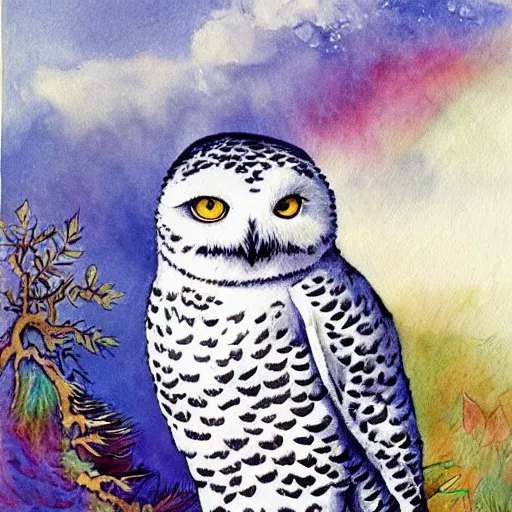 Prompt: snowy owl with cat tail and paws, gryphon, Louis William Wain watercolor, fantasy