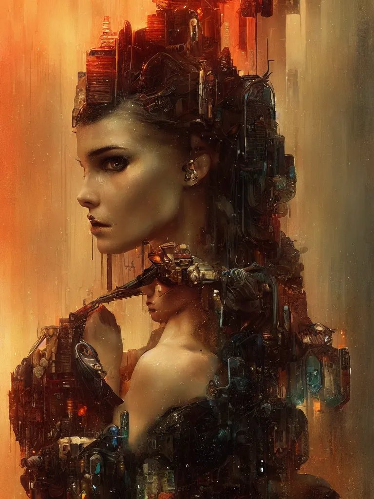 Image similar to a hyperrealistic cyberpunk portrait of a gorgeous woman in the movie Bladerunner 2046, with dead trees and orange pollution, award-winning, masterpiece, in the style of Tom Bagshaw, Cedric Peyravernay, Peter Mohrbacher