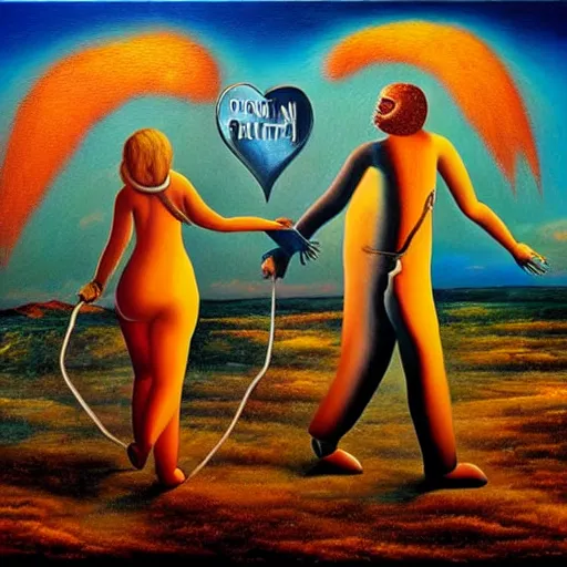 Image similar to couple walking hand in hand, in heaven and hell at the same time, surrealistic realistic painting, detailed