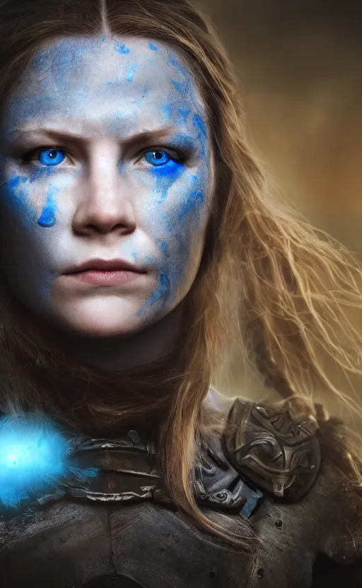 Image similar to photorealistic head and shoulders portrait of female viking warrior with large sad blue eyes, damaged, cinematic, anamorphic