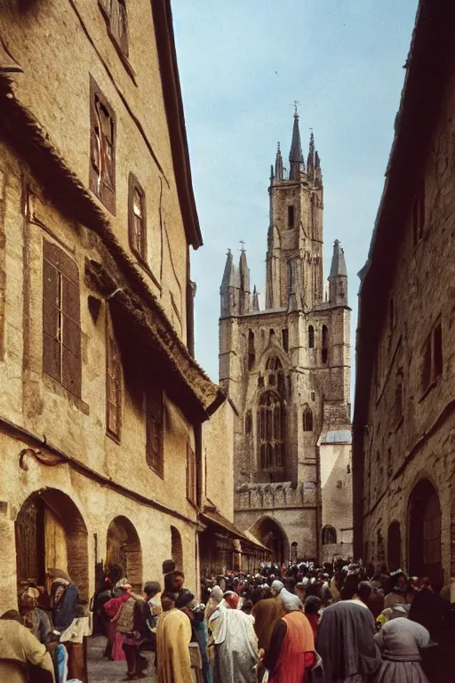 Prompt: a color 3 5 mm photograph of a villagers milling around in a medieval town square with a looming cathedral