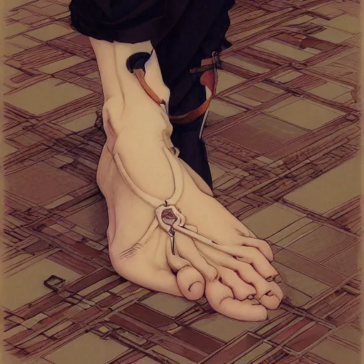 Image similar to detailed foot, digital art, painted by range murata, akiyuki shinbou, alphonse mucha, masamune shirow, josan gonzales, greg rutkowski makoto shinkai, highly detailed, realistic, cinematic, trending on pixiv fanbox