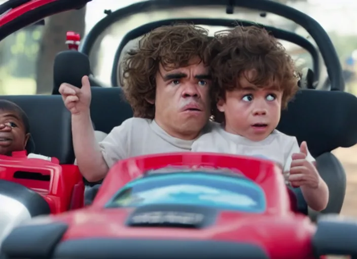 Image similar to peter dinklage racing gary coleman driving a little tikes cars, movie still, from the new fast and furious movie, 8 k, realistic