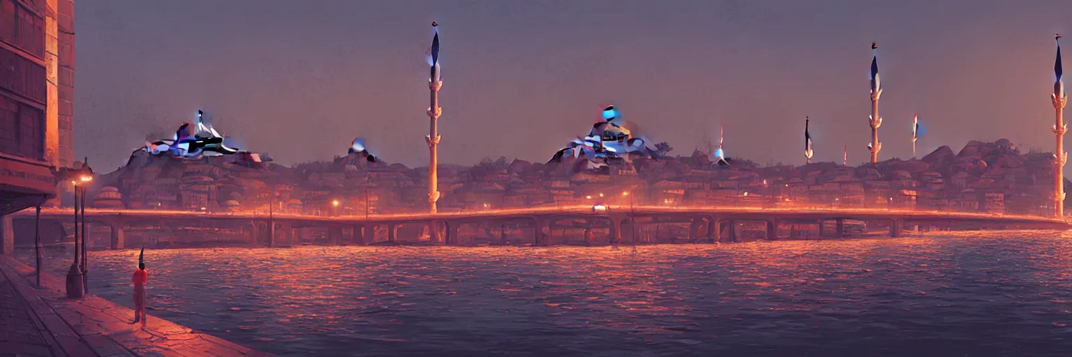 Image similar to a cinematic scene from istanbul bridge, concept art by nick ford and sylvain sarrailh,