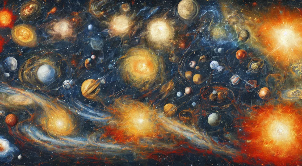 Prompt: Michal Angelo painting of the universe dying, with god putting away planets and stars. 8k resolution, mural.