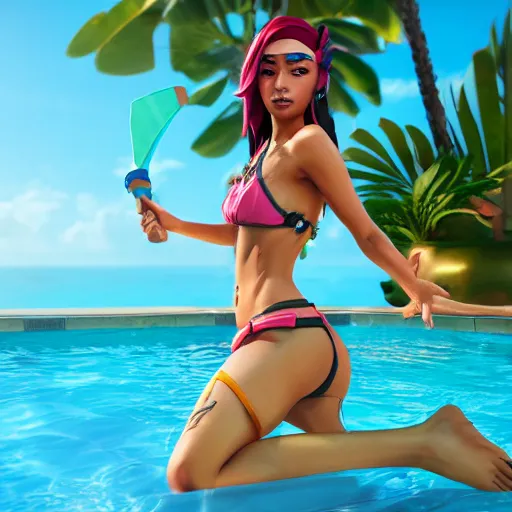 Prompt: pool party Akali catching the Hawaiian sun (League of Legends). 3d render, octane render, iRay, ray tracing, realistic, highly detailed, trending on artstation, 4k, cgsociety, unreal engine 5, redshift render, blender cycles, behance, cg