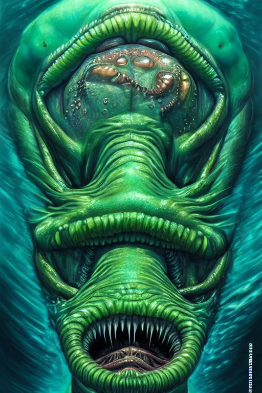 Image similar to hyperrealistic close-up surrealism underwater creature monster!! highly detailed concept art eric zener elson peter cinematic hard green lighting high angle hd 8k sharp shallow depth of field, inspired by David Paul Cronenberg and Zdzisław Beksiński