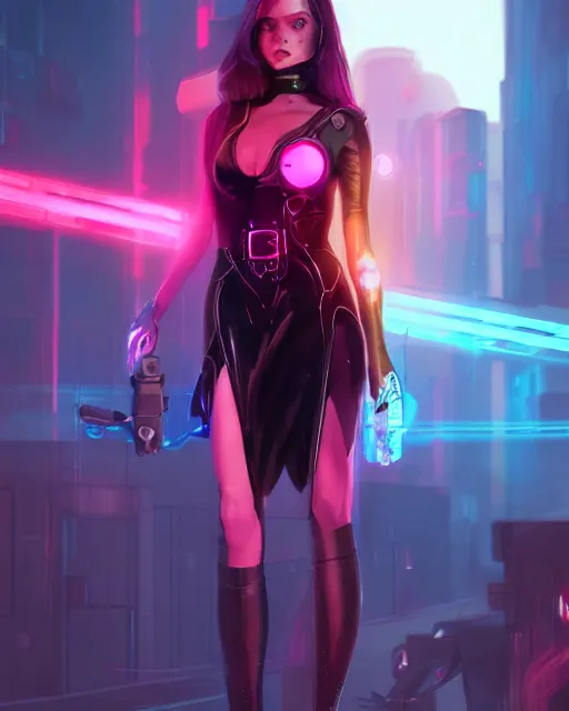 Image similar to Portrait of a futuristic rogue by Charlie Bowater, latex dress, gothic, short red hair, blue and pink rim lights, backlit, action pose, volumetric lighting, 8K, cyberpunk city backdrop, Artstation