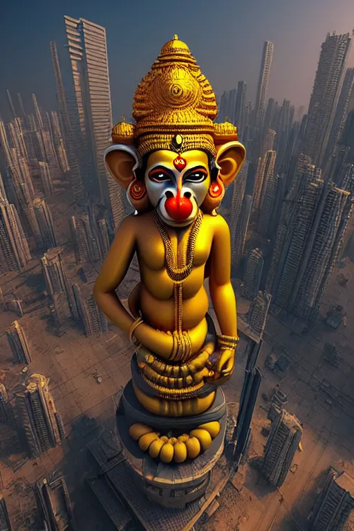 Image similar to high quality 3 d render cyberpunk mumbai!, kalighat hanuman!! head highly detailed, cinematic smooth unreal engine, lee madgwick, hard morning light, long shot, low angle, uhd 8 k, sharp focus