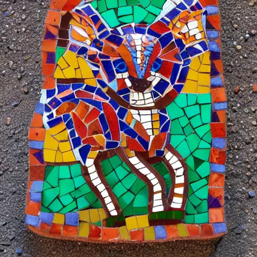 Image similar to mosaic sculpture of a alebrije chimera!!!, irregularly shaped mosaic tiles, hand glazed pottery shards, in the style of folk art, in a cottagecore flower garden