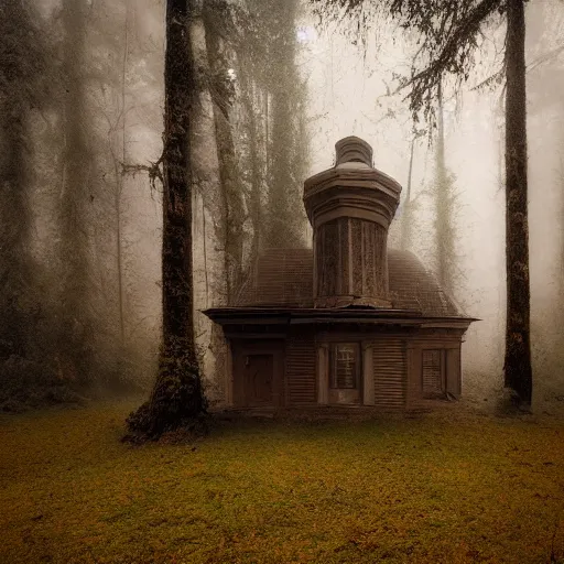 Prompt: orthodox abandoned temple in the woods, dark, moody, foggy by Marc Simonetti and Sean Yoro