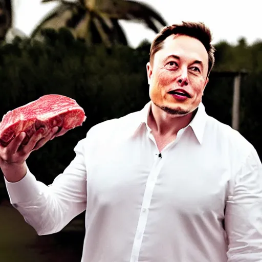 Image similar to elon musk holding a piece of meat, offering it to you