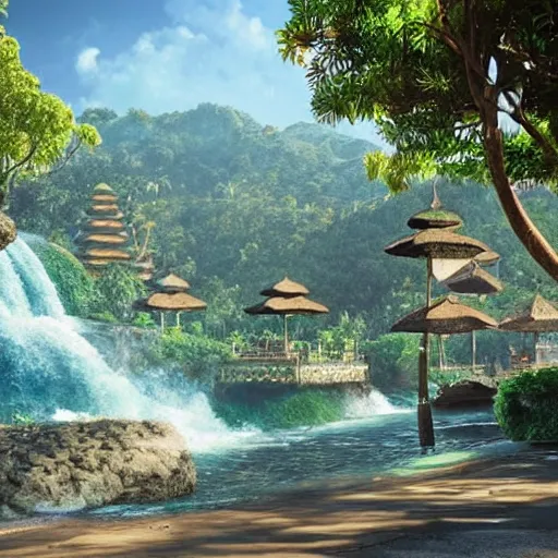 Image similar to A beautiful, perfect, impressive, amazing concept art digital CG painting of a place in Bali, trending on ArtStation, Unreal Engine