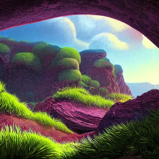 Image similar to digital painting of a lush natural scene on an alien planet by moebius. ultra sharp high quality digital render. detailed. beautiful landscape. colourful weird vegetation. cliffs and water.