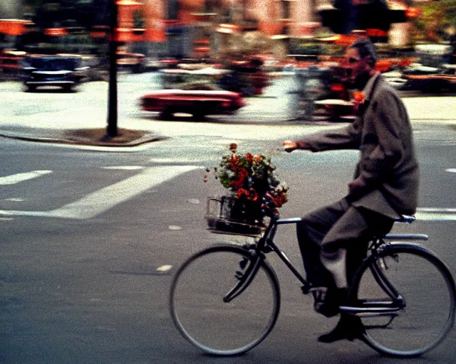 Prompt: a lomographic photo of a priest on bicycle, year 1 9 7 0, cinestill, bokeh, perfect light, high details, symetry, perfect high quality