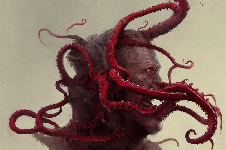 Image similar to painting by greg rutkowski of a flying human head and face that is chalk white in color, with tentacles coming of the neck, red eyes, flying in a terrying hell like cavernous place