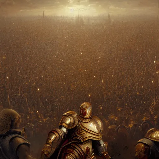 Image similar to artstation concept of a man in armor standing in a crowd gettig cheered, bright colorful, gold, hyperdetailed, artstation trending, world renowned artists, worth 1 0 0 0. com, historic artworks society, antique renewel, cgsociety, by greg rutkowski, by gustave dore, deviantart