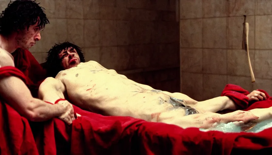 Image similar to movie still of jean - paul marat a wound at the chest, bleeding in the bath, cinestill 8 0 0 t 3 5 mm, high quality, heavy grain, high detail, cinematic composition, dramatic light, anamorphic, ultra wide lens, hyperrealistic, by fellini