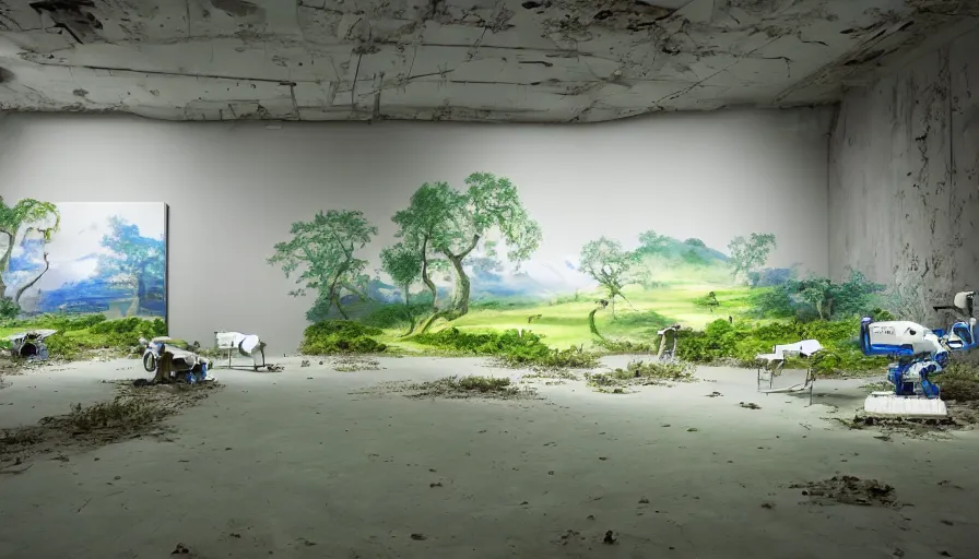 Image similar to robotic painters draw lush landscapes in an abandoned art gallery, 4 k, cinematic lighting