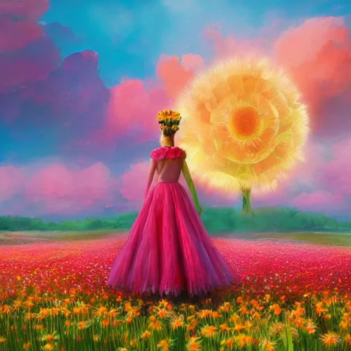 Prompt: giant daisy flower as crown, full body girl standing in a flower field, surreal photography, sunrise, dramatic light, impressionist painting, colorful clouds, digital painting, artstation, simon stalenhag