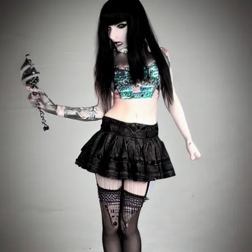 Prompt: kerli koiv goth girl in mini skirt and crop top, intricate, extremely detailed, modeling photography, teen