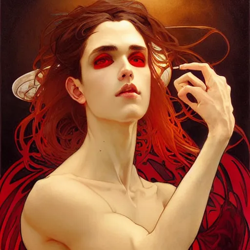 Prompt: attractive twenty first century male vampires beautiful eyes. highly detailed painting by artgerm and greg rutkowski and alphonse mucha 8 k