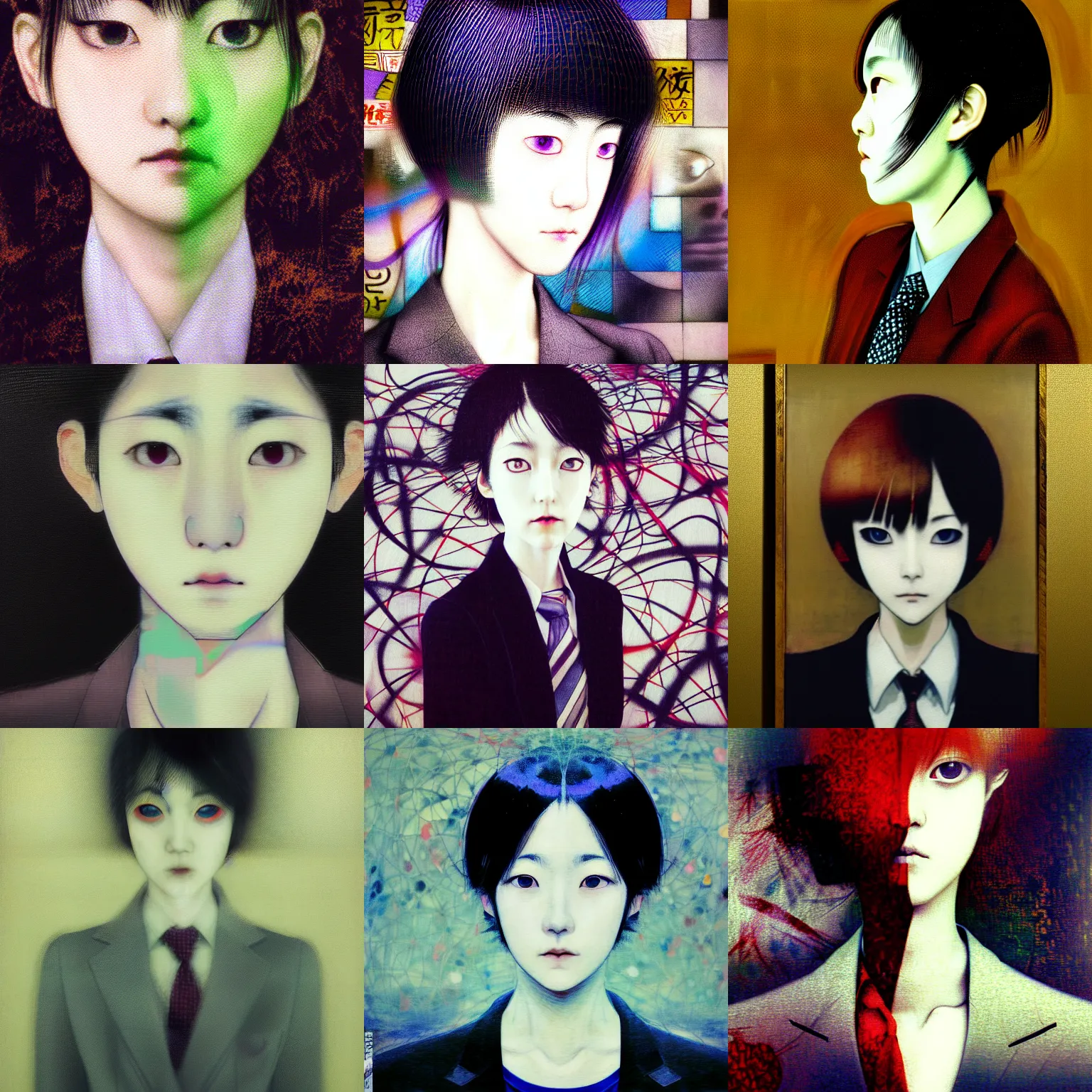 Prompt: yoshitaka amano blurred and dreamy realistic three quarter angle portrait of a young woman with short hair and black eyes and shadows on her face wearing office suit with tie, junji ito abstract patterns in the background, satoshi kon anime, noisy film grain effect, highly detailed, renaissance oil painting, weird portrait angle, blurred lost edges