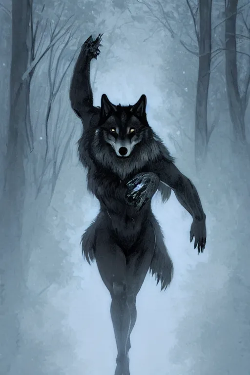 Image similar to full figure beautiful young fit antrophomorphic male wolf, bared teeth and long claws, dark scene, by greg rutkowski and alphonse mucha, d & d character, gradient black to silver, in a snow covered forest at night, highly detailed portrait, digital painting, artstation, concept art, smooth, sharp focus illustration, artstation hq