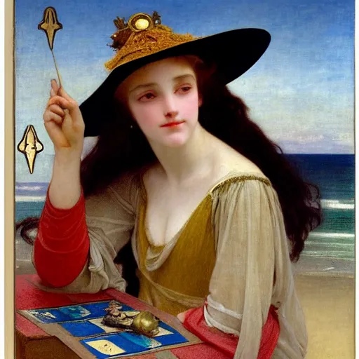Image similar to A girl with jester hat and clothes on the front of a Balustrade with a beach on the background, major arcana clothes, by paul delaroche, alphonse mucha and arnold böcklin arnold böcklin hyperrealistic 8k, very detailed