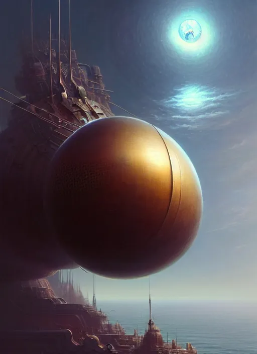 Image similar to a hyper - detailed 3 d render of spherical ship, surrealism!!!!! surreal concept art, lifelike, photorealistic, digital painting, aesthetic, smooth, sharp focus, artstation hd, by greg rutkowski, bruce pennington, valentina remenar and asher duran,