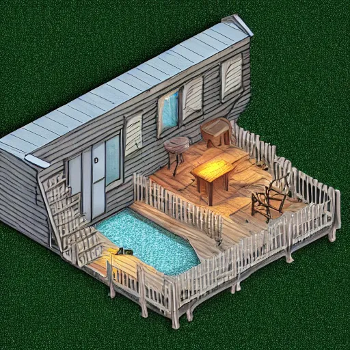 Image similar to isometric photoreal cabin in the woods in the middle of tge ocean, dnd 3 d map