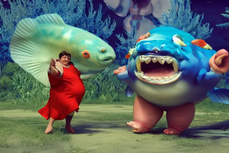 Image similar to of a very beautiful scene. ambient occlusion render. a sweet fat old woman is dancing with a huge colorful fish. hyper realistic. 4 k. wide angle. wild happiness. symmetrical face, red mouth, blue eyes. deep focus, lovely scene. ambient occlusion render. concept art. artstation. unreal engine.