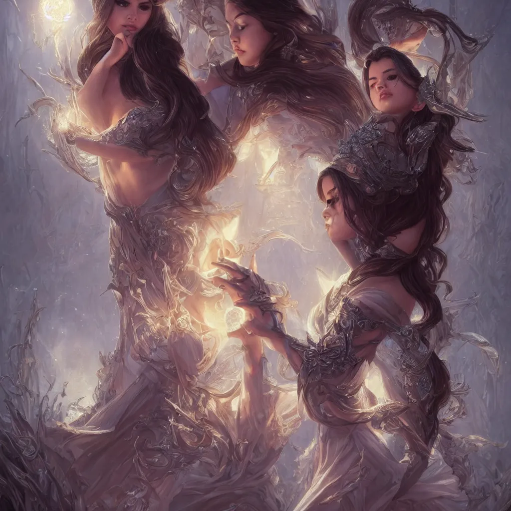 Image similar to Selena Gomez casting an frost spell, D&D, fantasy, intricate, elegant, highly detailed, digital painting, artstation, concept art, matte, sharp focus, illustration, hearthstone, art by Artgerm and Greg Rutkowski and Alphonse Mucha