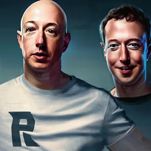 Image similar to portrait of elon musk, mark zuckerberg and jeff bezos together, together, very detailled, art contest winner on behance, trendy on deviant art, by by artgem, greg rutkowski