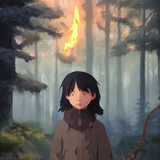 Image similar to a child with grey skin with blues and short brown hair, holding fire, forest background, highly detailed, digital painting, artstation, matte, by makoto shinkai, studio ghibli, animation style