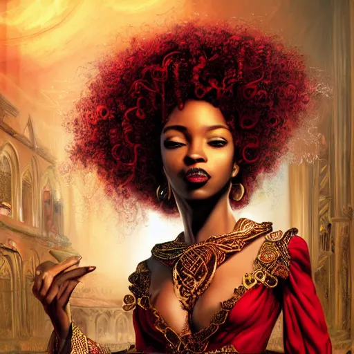 Prompt: Curly haired african priestess, red fez, wild hair, in a beautiful flowing red dress surrounded by flames, clothes, intricate hellish decoration on the dress, on the background of an ancient cathedral, Designer clothes, fullbody, intricate, elegant, highly detailed, artstation, concept art, smooth, sharp focus, illustration, art by greg rutkowski and orientalism and bouguereau and Zdzislaw Beksinski, good clear quality, lighting, biology, symmetrical artwork, cinematic, hyper realism, high detail, octane render, 8k