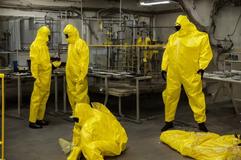 Prompt: a single man in a yellow hazmat suit looks on helplessly as a giant drippy meat monster grows out of control in a creepy bunker science lab
