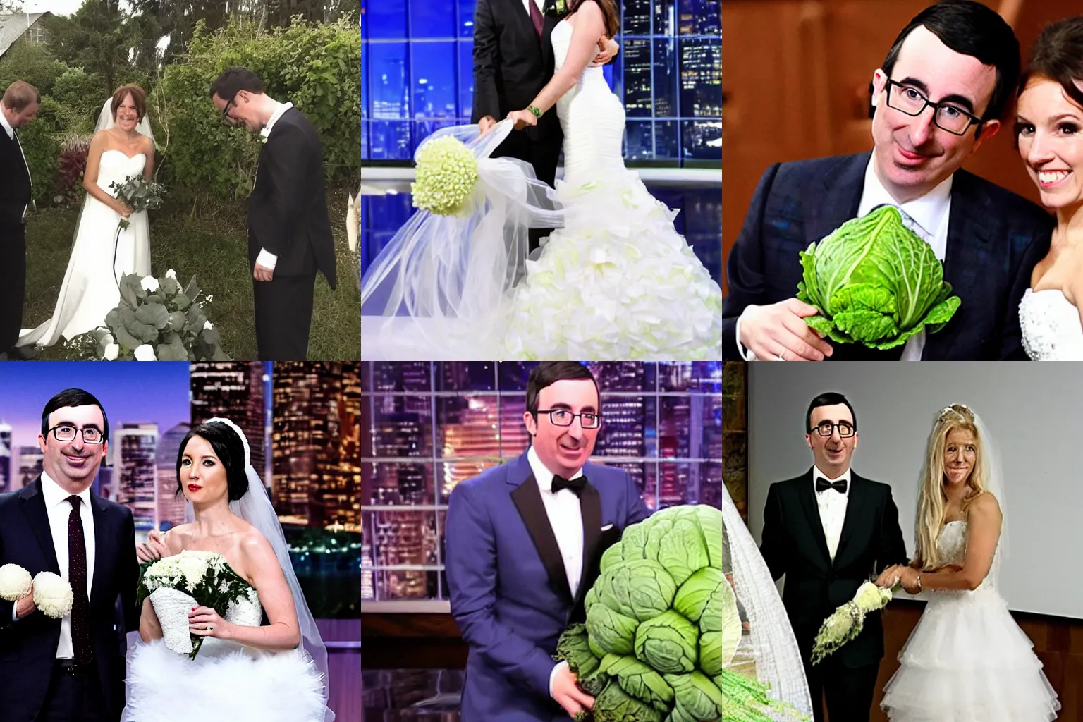 Prompt: john oliver getting married to a cabbage wearing a wedding dress