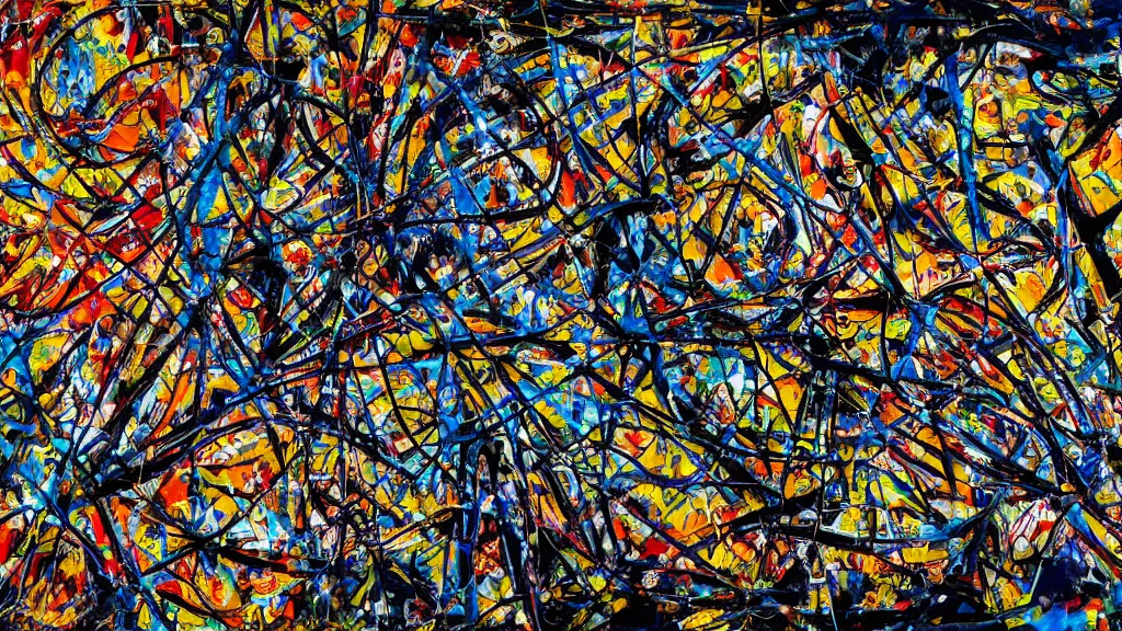 Image similar to abstract art painting, lines, forms, shapes, in style of jackson pollock, 4 k, high resolution details,