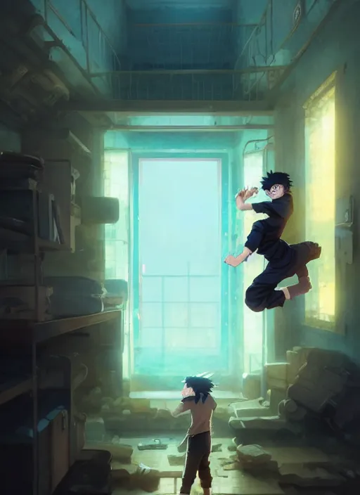 Image similar to highly detailed prison cell with naruto uzumaki with black hair, punching a wall, art by greg rutkowski, loish, rhads, ferdinand knab, makoto shinkai and lois van baarle, ilya kuvshinov, rossdraws, tom bagshaw, global illumination, radiant light, detailed and intricate environment